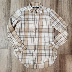 Lauren Ralph Lauren Women's Button Down Shirt, XSP, Brown, Cream, Plaid, Neutral